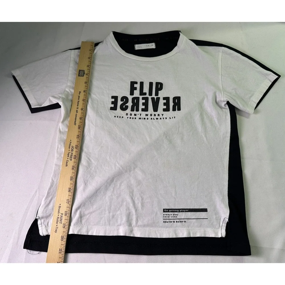 Zara Boys Size 11-12 Flip Reverse Graphic T-Shirt White Black Keep Active Sporty